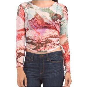 Shinestar Mesh Snake Print Ruched Long Sleeve Crop Top (NWT) (Size: Small)